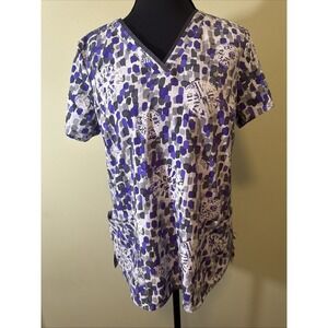 Healing Hands Purple Label Scrub Top Grosgrain V-Neck‎ Short Sleeve Purple Small